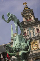 Detail of the Brabo Fountain in front of the Stadhuis in Grote Markt or Main Square.Travel  Holidays  Tourism.