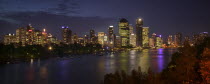 Panoramic view of the city across the Brisbane River as dusk falls.  TravelState CapitalSkylinePanoramaCBDArchitecture