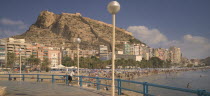 Playa del Postiguet with Castillo de Santa Barbera rising behind.  MediterraneanTravelTourismHoliday