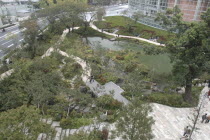 Roppongi. Aerial view over traditional Japanese garden beside Asahi Television headquarters