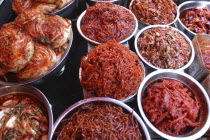 Namdaemun Market. Varieties of kimchi displayed on a stallAsia Asian Daehanminguk Hanguk Korean Southern