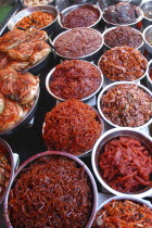 Namdaemun Market. Varieties of kimchi displayed on a stall