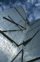 Angled part view of zinc clad facade of the Jewish Museum designed by Polish architect Daniel Libeskind in 1998 and opened in 2001.