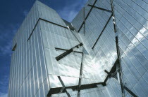 Angled part view of zinc clad facade of the Jewish Museum designed by Polish architect Daniel Libeskind in 1998 and opened in 2001.