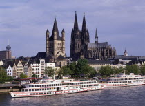 View over tour boats on the River Rhine to Cologne Cathedral