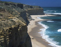 Great Ocean Road. View along rugged rocky cliffs and sandy beach