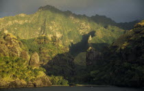 Fatu Hiva Island.  Landscape near Hanavave at sunset.