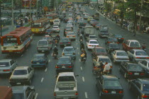 Congested traffic on multi lane road around Siam Square. traffic jam