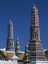 Wat Pra Kaeo. The Royal Pantheon. View of beautifully detailed pillars surrounding the Pantheon