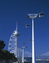 Parque das Nacoes or Park of Nations  former Expo 98 site. Vasco da Gama viewing tower and cable cars.