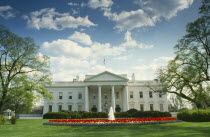 The White House, exterior facade and formal grounds.