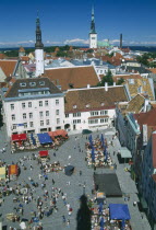 View over busy Town Hall Square towards spires of St Olaf s Church of the Holy Ghost.