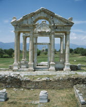 Ancient City of Aphrodisias. Front on view of Temple of Aphrodisias. Ruins of columns and roof.