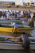 Fishermen bringing freshly caught fish to shore.