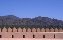 Wall of a traditional fort  with Oasis and mountains behind.