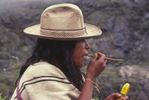 Ica indian taking coca  gourd in left hand has calcium which is mixed with coca leaves in the mouth.