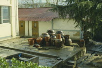 Earthenware pots containing Kimchi  fermented spiced vegetables that is a staple of the Korean diet.