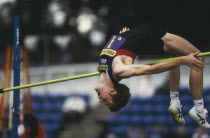 British high jumper Steve Smith arched backwards as he clears pole at Crystal Palace in 1996