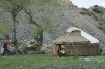 Kazakh Yurt  tent  with women and young boy outside