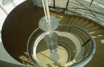 De La Warr Pavilion. Interior view looking down the helix like spiral staircase and Bauhaus globe lamps.Art Deco building built by the Earl Of De La Warr in 1935 Designed by Erich Mendelsohn and Serg...