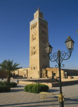 Koutoubia Mosque. Tower seen from pavement with blue sky behind. palm trees in front.Marrakesh Marrakech