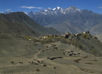 View over high altitude desert towards ruined fort and town near Muktinath.