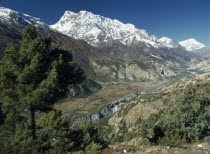 Snow topped mountain peak above the Marsyangdi River Valley.