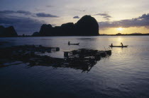 Fish farm with people in long boats silhouetted at sunset