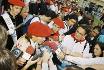 Basque sufragette leader is interviewed by local Basque media during the festival of El Alarde on 8 September.