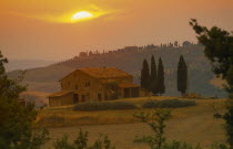 Farmhouse and cypress trees at sunset near San Quirico d Orcia.