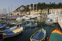 Colourful small row boats docked. Buildings in front of wooded area in the distance. Colorful