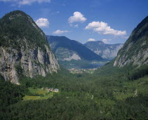 Waldbach Valley covered in trees  Village of Lahn by lake of Hallstattsee.