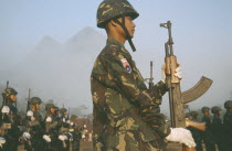 Soldiers in a parade at the Karen National Union  KNU  Revolution Day. Myanmar