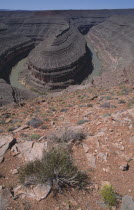 View over twisting hairpin canyon with river at the bottom Center Centre