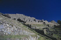 View looking up slope toward hillside Inca city ruins