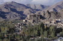 Hillside palace overlooking the town surrounded by mountainous terrain