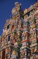 Sri Meenakshi Temple detail of brightly coloured wall carvings