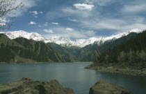 Heavenly Lake with snow capped mountains