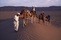 Guide leads Camels through the Desert