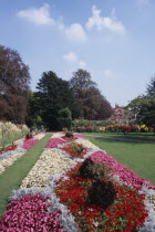 Southover Grange Gardens. Colourful flower bed displaysEuropean Great Britain Northern Europe UK United Kingdom British Isles Colorful