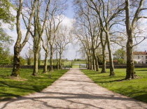 Trees line the gravelled path leading towards a golf course in the town of Les Forges.  Shadows