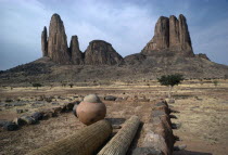 Arid landscape and rock formations from rooftop of building.West Africa