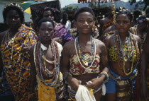 Wli Agumatsa waterfall festival commemorating and giving thanks to waterfalls regarded as a protective fetish by the local people.  Girls in traditional dress and jewellery.