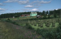 Traditional agricultural landscape with small hayricks and wooden farm buildings.