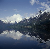 Snow peaked mountains  reflection in water