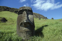 Rano Raraku Crater. Moai Statues abandonned in transit on the slopes of crater