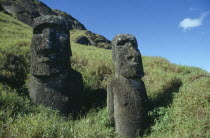 Rano Raraku Crater. Moai Statues abandonned in transit on the slopes of crater