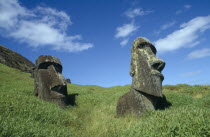 Rano Raraku Crater. Moai Statues abandonned in transit on the slopes of crater