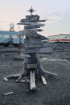 Russian Bellingshausen Station. Wooden sign post with star on top with arrows pointing to the distance home to Russia