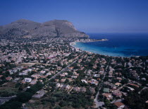 Aerial view of the coastal town of Mondello  North of Mount Pellegrino and city of Palermo  Mount Gallo  in the background.